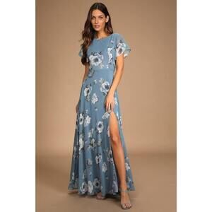 Lulus Classic Love Slate Blue Floral Print Tie-back Maxi Dress - Size XS